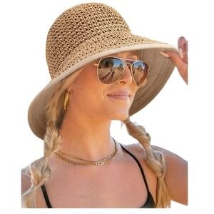 FURTALK Womens Straw Sun Hat UPF 80+ Packable Summer Beach Hat Tan Beige Linen
